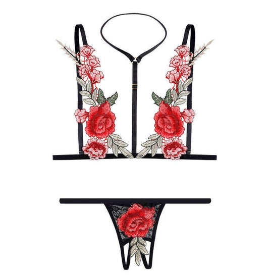 Conjunto Scarlett — harness de rosas e fio string