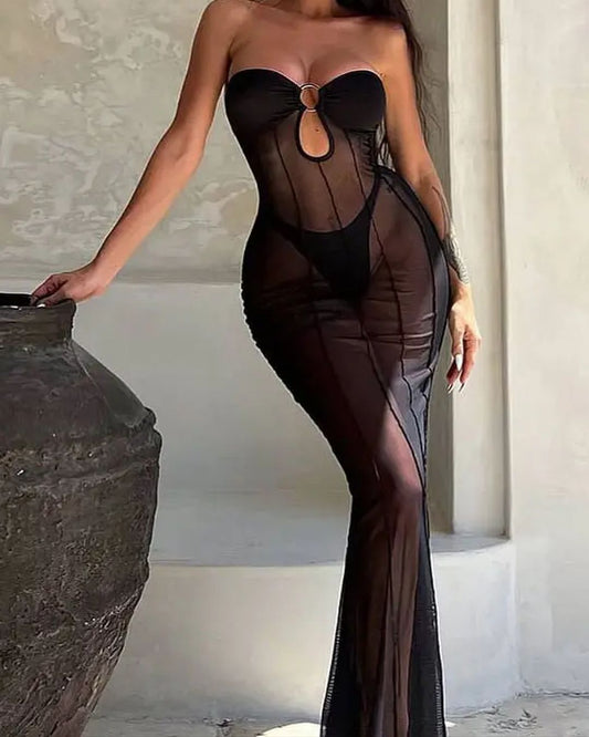 Vestido de Praia Marie — preto transparente com bandeau