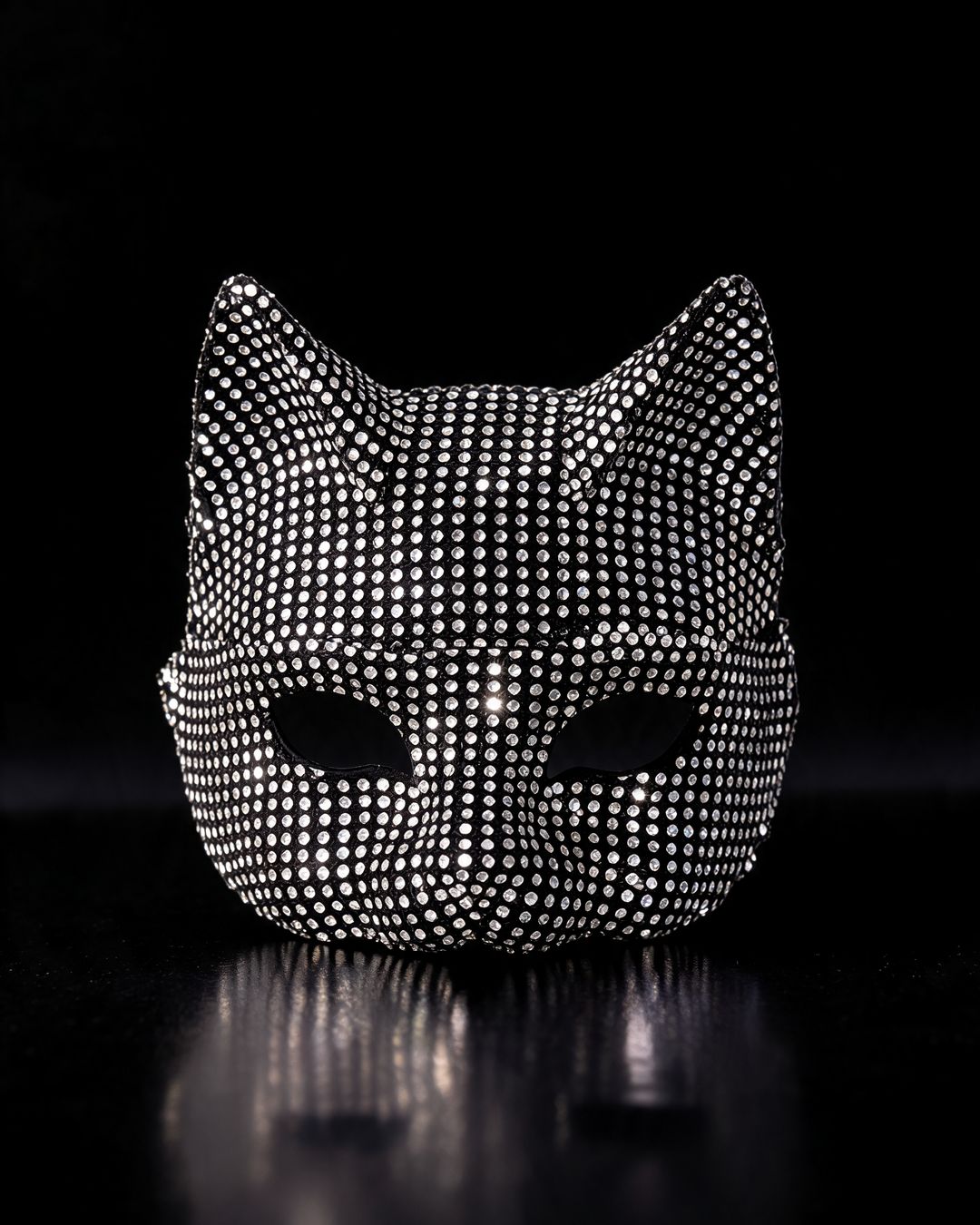 Máscara Pandora de gatinha com strass prateado, sobre fundo preto