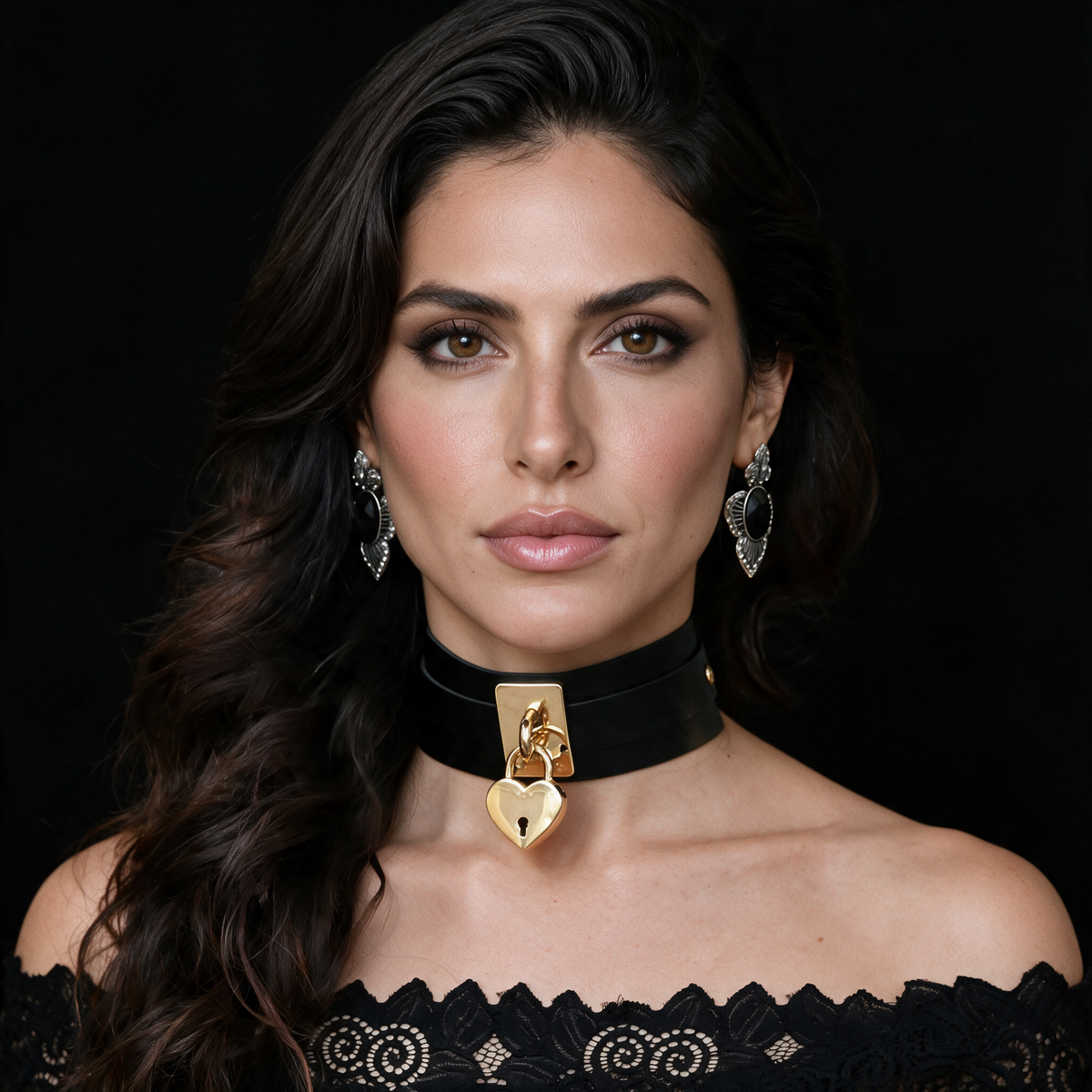 Choker Calisto em couro preto com cadeado de coração dourado