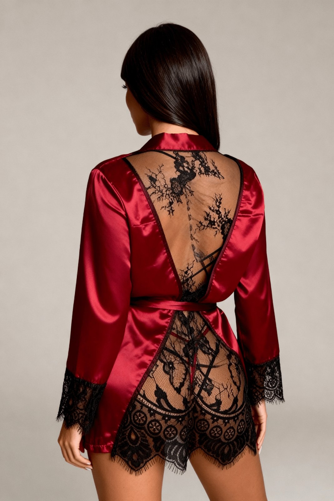 Robe Maia — cetim vermelho e renda preta