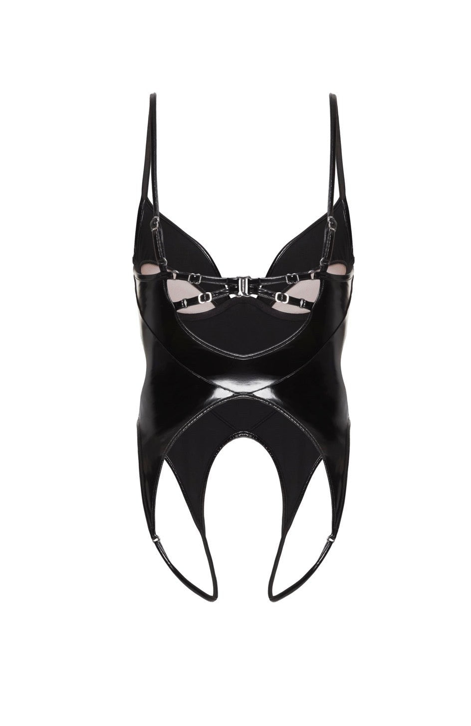 Body Noémie — verniz preto e recorte sob o busto