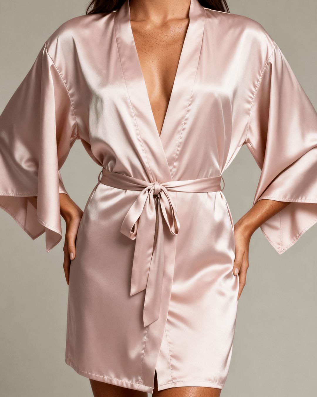 Robe Kimono Harmonia — cetim rosê e mangas amplas